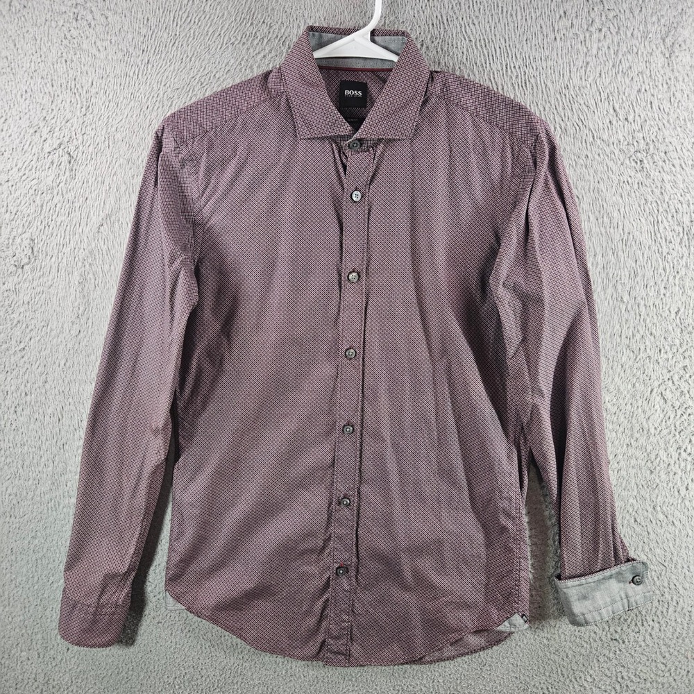 Hugo Boss Slim Fit Mens Small Burgundy Micro Pattern Cotton Button Down Shirt